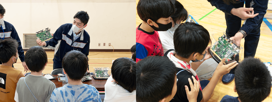 ゲーム機の基板から資源を探す様子