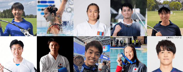 上段左から大田楓子選手、比嘉もえ選手、オトゴンバヤル フスレン選手、中西絢哉選手、朝久野奈波選手　下段左から舟橋悠矢選手、小崎友碁選手、西田玲雄選手、難波実夢選手、後藤陸翔選手