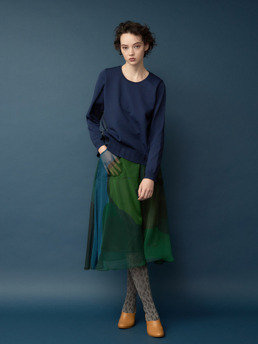 【bicolor pleated knit pull-over】clor:navy