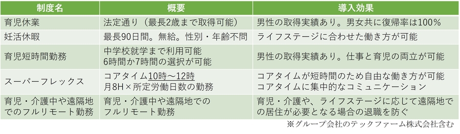 テックファームホールディングスの多様な働き方を支える主な制度