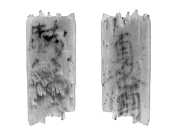 【写真2】赤外線で観察すると、オモテ面(右)の文字ははっきり「夏酒」と読める