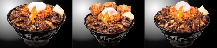 左から『超すたみな　濃厚豚焼肉丼』880円(税込)　『唐揚げ合盛り　濃厚豚焼肉丼』1&#44;080円(税込)　『濃厚豚焼肉丼　超ドカ盛り』1&#44;280円(税込)