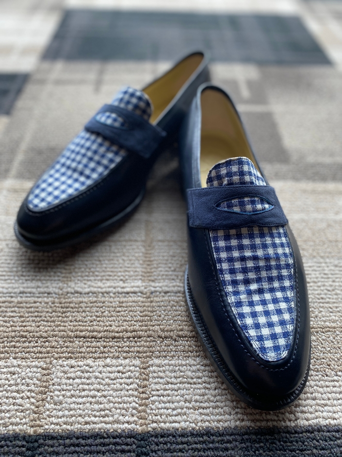 ネイビー チェック ゼニア ローファー