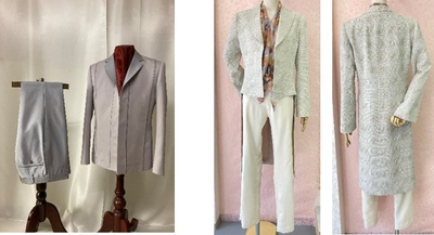 「メンズ和服スーツ」：仙波ゼミ4年　川口太一（左）、「レディース和服スーツ」：仙波ゼミ4年　柴田明依（右）