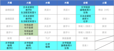 高校２年生の時間割（イメージ）。ブルーが自由選択科目で、書かれている教科の中から選べる。グリーンは選択必修科目。