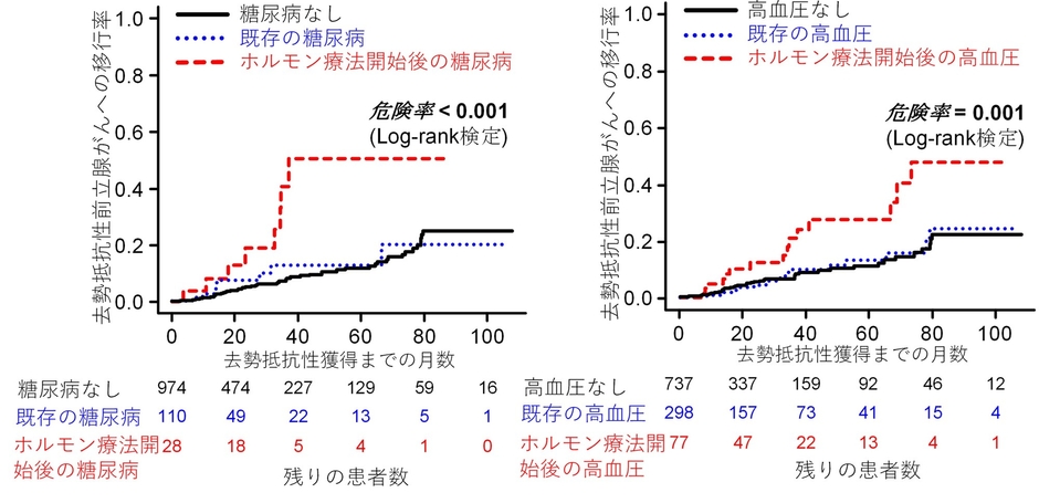 図1）糖尿病と前立腺がんの去勢抵抗性獲得との関係　図2）高血圧と前立腺がんの去勢抵抗性獲得との関係