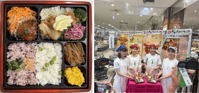 「野菜が摂れる!チキン南蛮風弁当」(左)、令和7年(2025年)の試食販売イベントの様子(右)