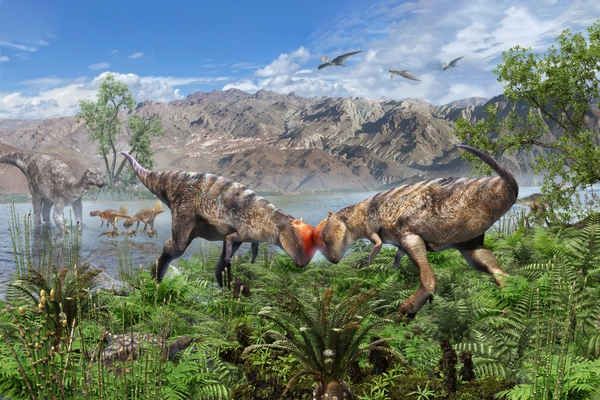 ザヴァケファレ同士の頭突き行動を描いた復元画（©服部雅人）