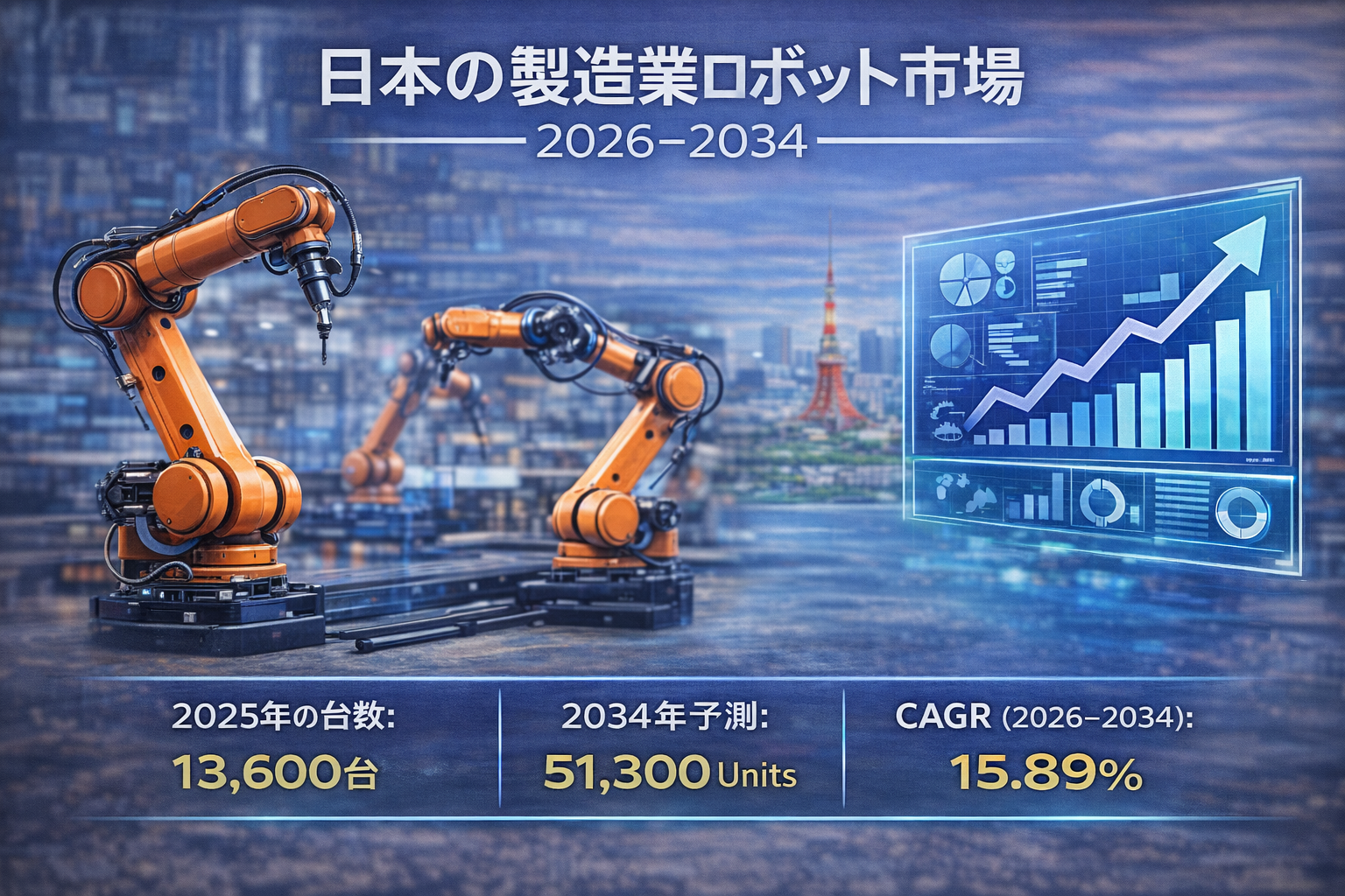 日本の製造用ロボット市場規模、2034年までに51,300台を突破へ(CAGR 15.89%)