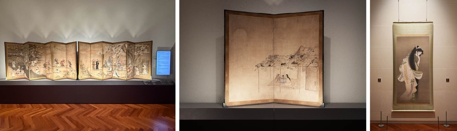 全て【高精細複製品】　左から 国宝「花下遊楽図屏風」 (展示期間：～5/17)、 国宝「納涼図屏風」 (展示期間：6/30～8/30)、「焔」 (展示期間：～8/30)