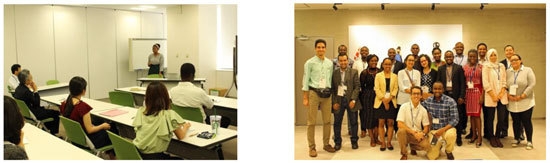 (左)南アフリカからの学生による発表 (右)自社説明会での集合写真