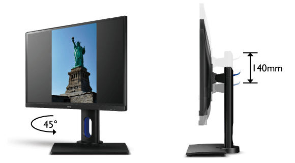 高さ調整140mm／左右45度のスウィーベル／ピボット機能搭載