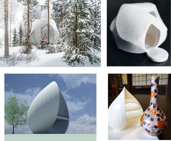 左上下 Sphereイメージ画像 CLOUDS Architecture Office/右側上下 AGCセラミックス制作Sphere 陶磁器と比較しても遜色ない美しさ