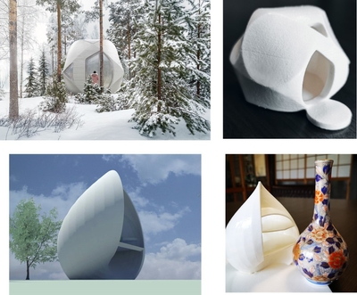 左上下 Sphereイメージ画像　CLOUDS Architecture Office／右側上下 AGCセラミックス制作Sphere　陶磁器と比較しても遜色ない美しさ
