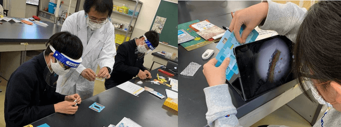 過去の同イベントの様子(左)、手作り顕微鏡(右)