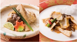 (5)左:松茸の香り焼きと、黒毛和牛の鍬すき焼き 右:鮑と茸のX.O.醤炒め 龍仕立て