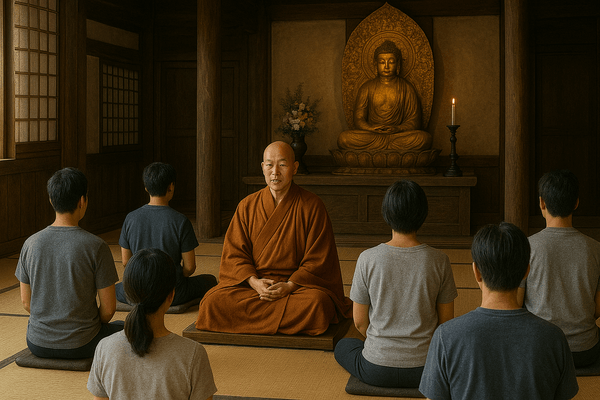 お寺で和尚と座禅をし、その後「死」をテーマに対話します。