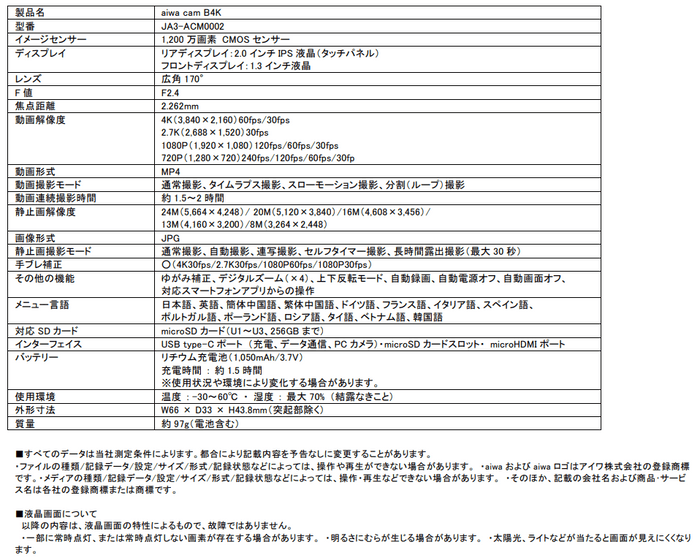 aiwacamB4K主な仕様