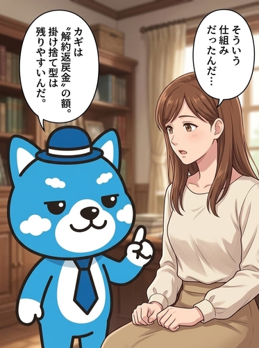 あおちゃんが「カギは解約返戻金の額で、掛け捨て型は残りやすい」と解説し、女性が仕組みを理解する、自己破産で生命保険を残せる基準を示した漫画