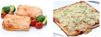 【左】サーモンの明太子 マヨネーズ焼き【右】ポテトとツナのピザ (8月の土日祝)