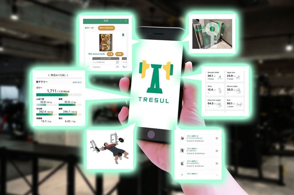 TRESULアプリの各種機能を示すスマートフォン画面のイメージ