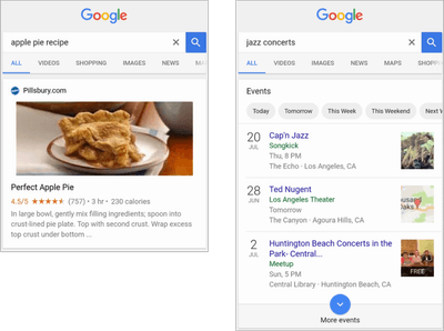 【アイレップ】Google 検索にてエンリッチ検索結果の「レシピ」（左）と「イベント」（右）の表示例