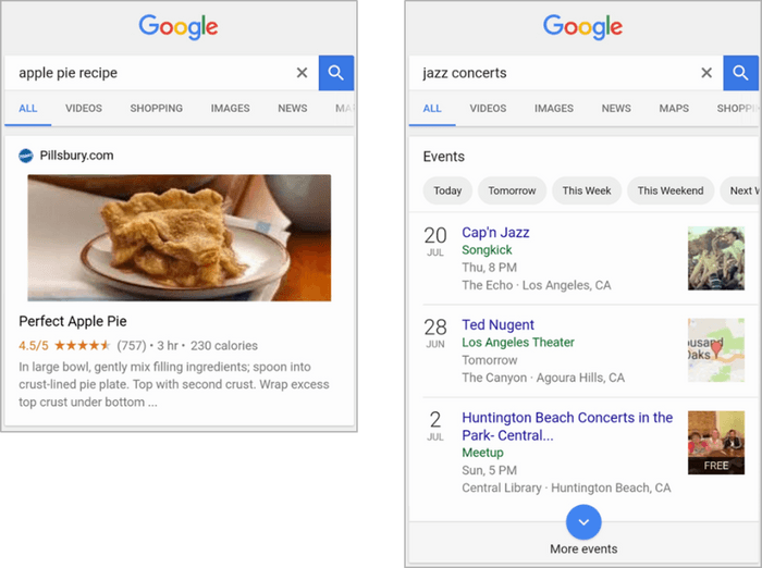 【アイレップ】Google 検索にてエンリッチ検索結果の「レシピ」（左）と「イベント」（右）の表示例