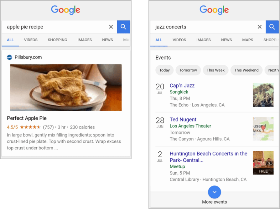 【アイレップ】Google 検索にてエンリッチ検索結果の「レシピ」(左)と「イベント」(右)の表示例