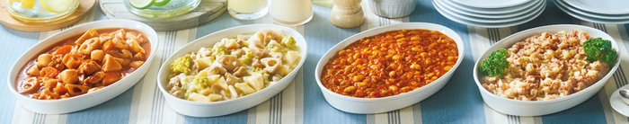 ビュッフェでの提供イメージ (左から)ごろごろ野菜の洋風筑前煮、ごろごろ野菜の柚子こしょうクリーム煮、白いんげん豆の煮込み、コンビーフハッシュ