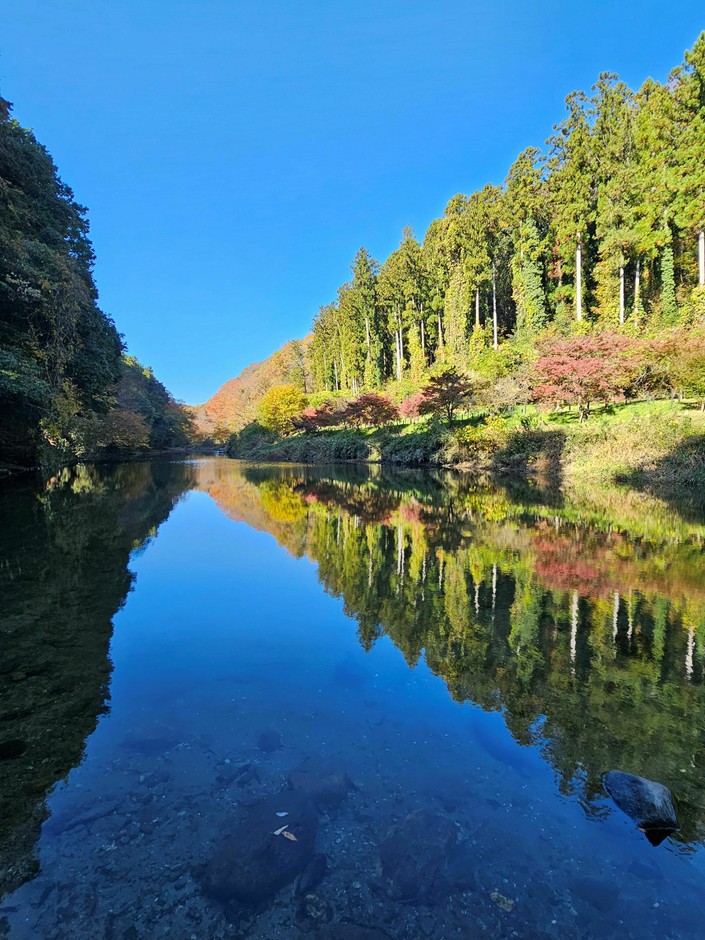 水面に映る嵐山渓谷