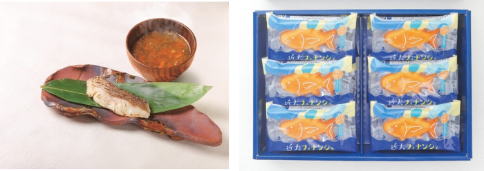 近大生まれマダイ焼味と近大マグロ中骨エキス入りあおさのみそ汁セット(左)、近大フィナンシェ12個入(右)