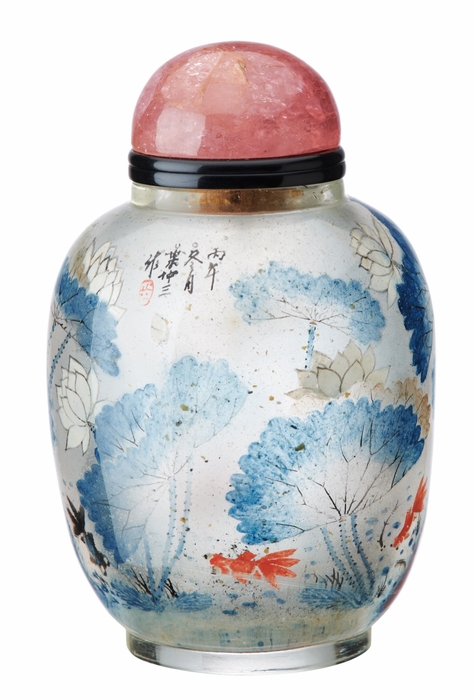 Photo.15 ガラス製蓮華と金魚模様内画鼻煙壺 中国 20世紀