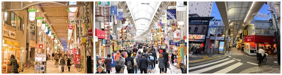 今回のイベントの舞台となる品川区の3つの商店街(左:中延商店街／中央:武蔵小山商店街パルム／右:西小山商店街)