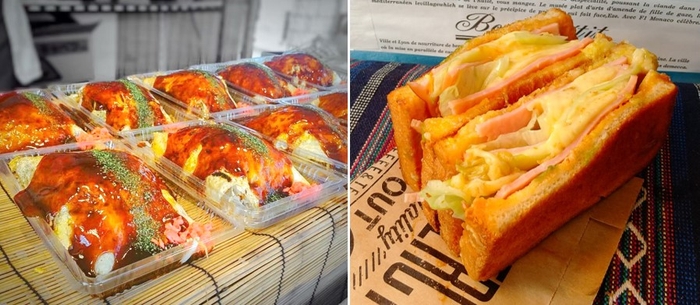 フードトラックで提供予定の広島風お好み焼き(左)とホットサンド(右)