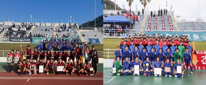 県大会で優勝したラグビー部（左）とサッカー部（右）