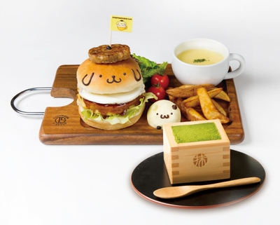 ポムポムプリンのお好み焼きバーガープレート+宇治抹茶のティラミス