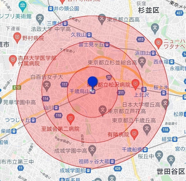 デリバリー対応エリア(千歳烏山駅から半径約3km)