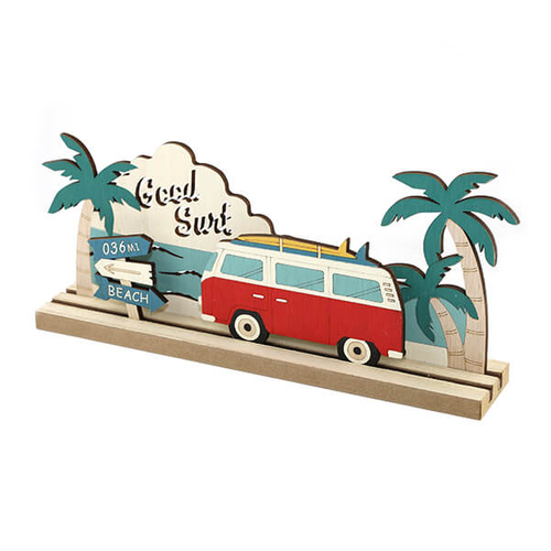 【NEW】「ウッドデコ M バス」価格：979円／サイズ：W30×D5×H13cm／レトロなバスと、海辺のシーンが夏らしい木製ルームデコ。
