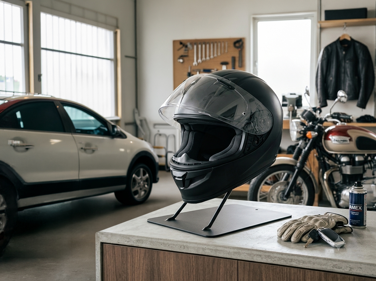 置くだけでヘルメットを“見せる収納”へ 3色展開のヘルメットスタンド