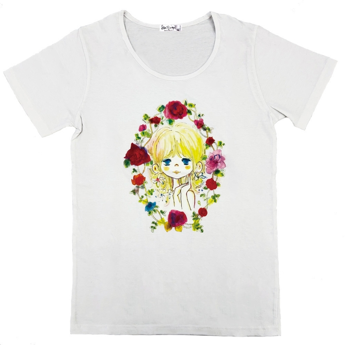 お花の少女柄天竺Tシャツ ホワイト
