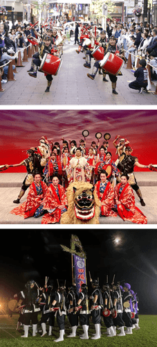 (上)エイサー賑わい　(中)琉球歌舞団 紅華風-KAFU-　(下)田場エイサー