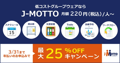 新年度応援！J-MOTTOグループウェアに新規ご入会いただくと 利用料金が最大25％引きになるキャンペーンを1月から開催