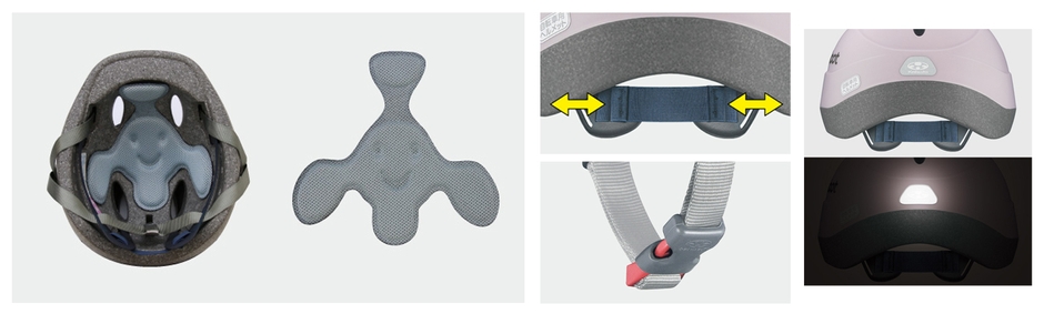 一体型インナーパッド(左)/フィットバンド(中央上)/バックルカバー(中央下)/リフレクトシール(右)