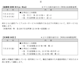 ―祇園祭(前祭)宵々山・宵山・天神祭(本宮)の開催に合わせて列車を増発運転します― 2025年 夏の臨時列車について(7月)