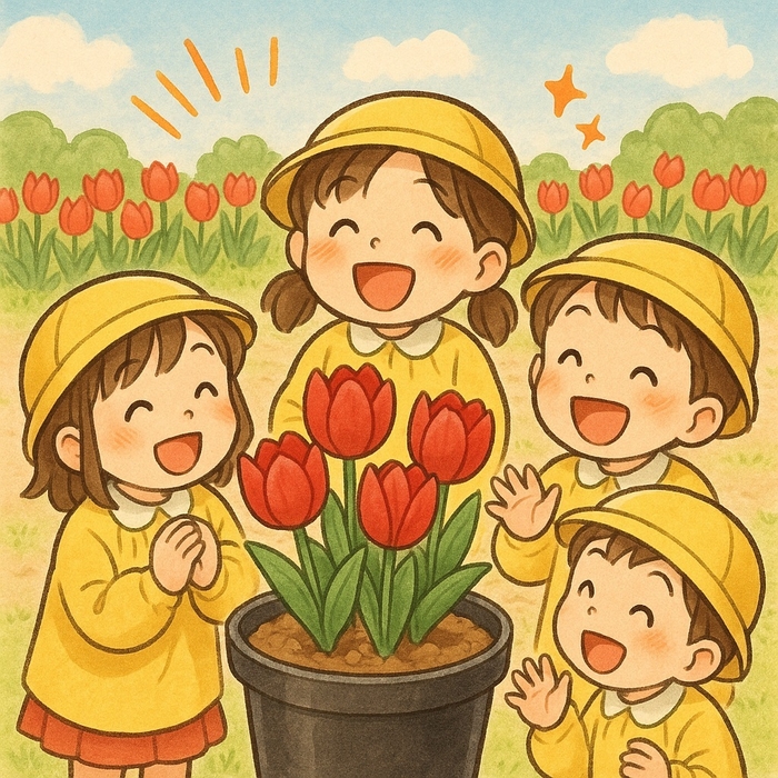 チューリップを囲んで喜ぶ園児たち