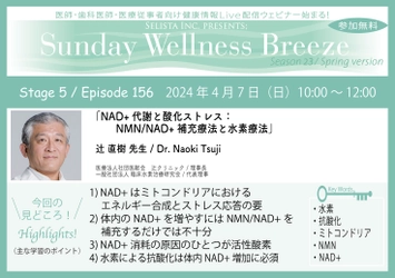 《医師・歯科医師・薬剤師向け》 無料オンラインセミナー4/7(日)朝10時開催　 『NAD+代謝と酸化ストレス：NMN/NAD+補充療法と水素療法』　 講師：辻 直樹先生(医療法人社団医献会　辻クリニック／理事長)