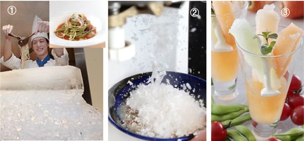 (1)生ハムとフルーツトマトの冷製パスタ バジル風味 (2)中国風冷やしサムゲタン(ディナー) (3)三種のベジタブルアイスサンデー