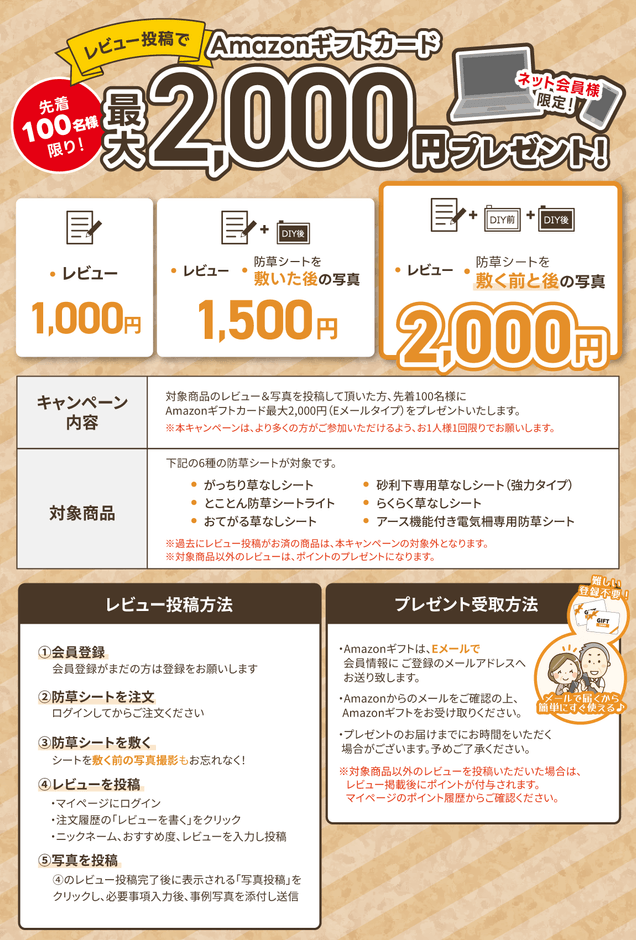 レビュー投稿でAmazonギフトプレゼント