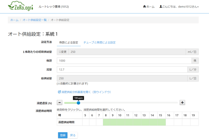 ゼロアグリWeb管理画面 - 「オート供給設定画面」