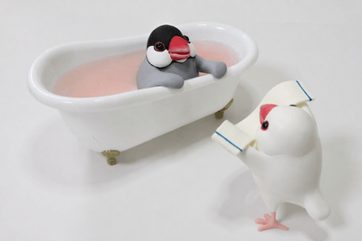 桜文鳥パッケージに使用した、立体造形作家 midonos.の桜文鳥と白文鳥の粘土細工(湯は合成)